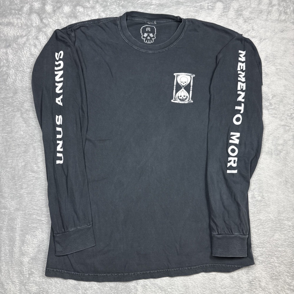 Unus Annus Memento Mori Shirt Men Medium Black Long Sleeve Faded Skull Hourglass